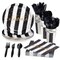 144 Piece Black and White Party Supplies - Serves 24 Striped Celebrate Plates, Napkins, Cups and Cutlery Set for Birthday, Graduation